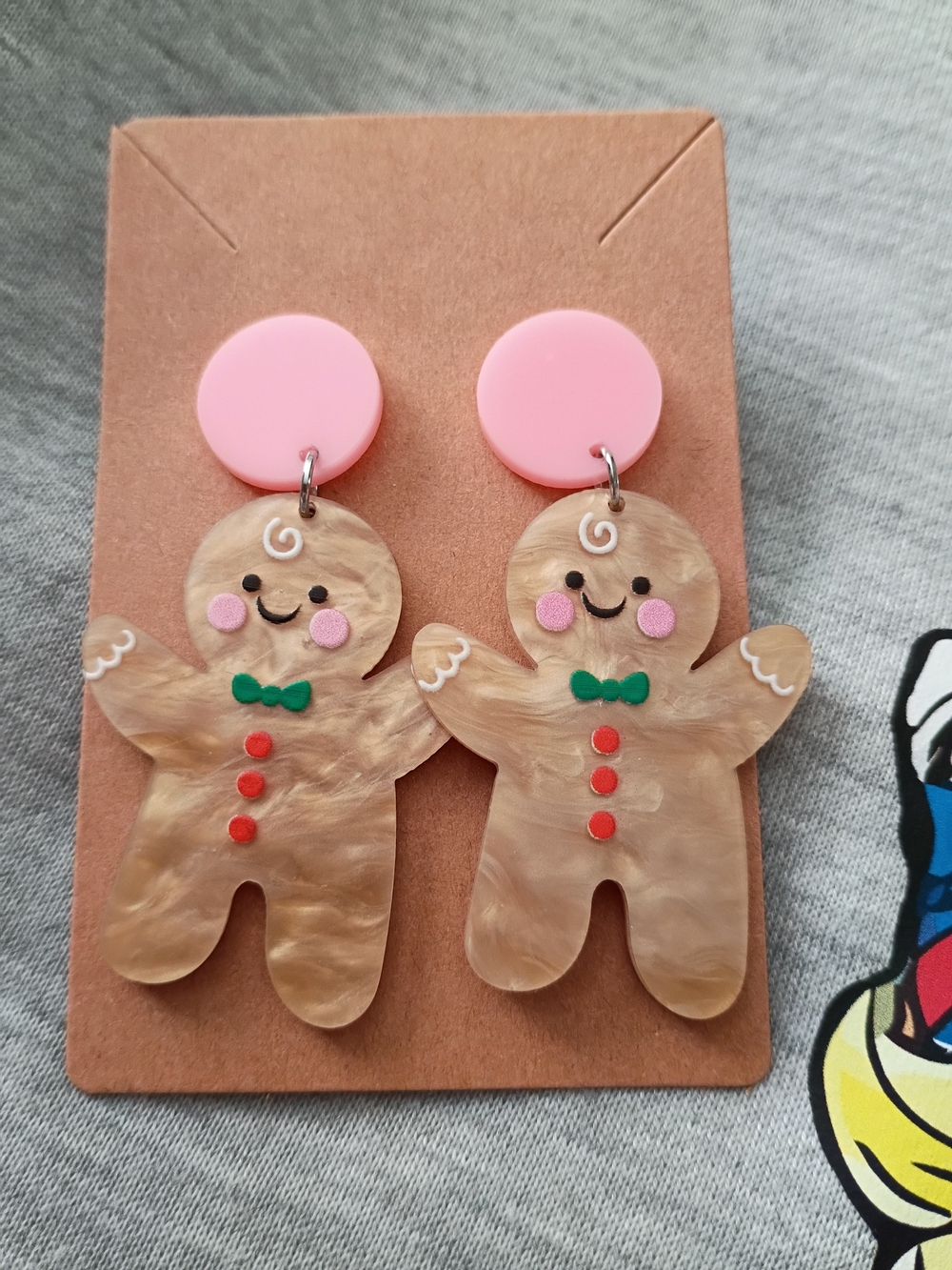 Acrylic Gingerbread Man Christmas Dangle Earrings.